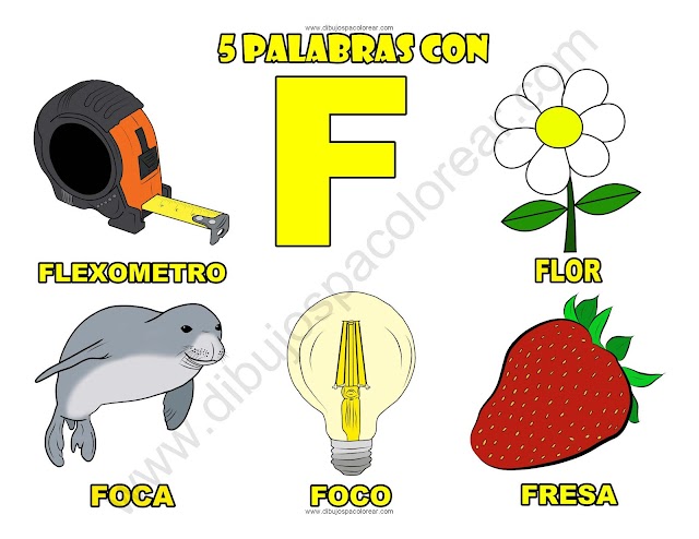 Cinco Palabras con la letra F dibujo a color y para colorear